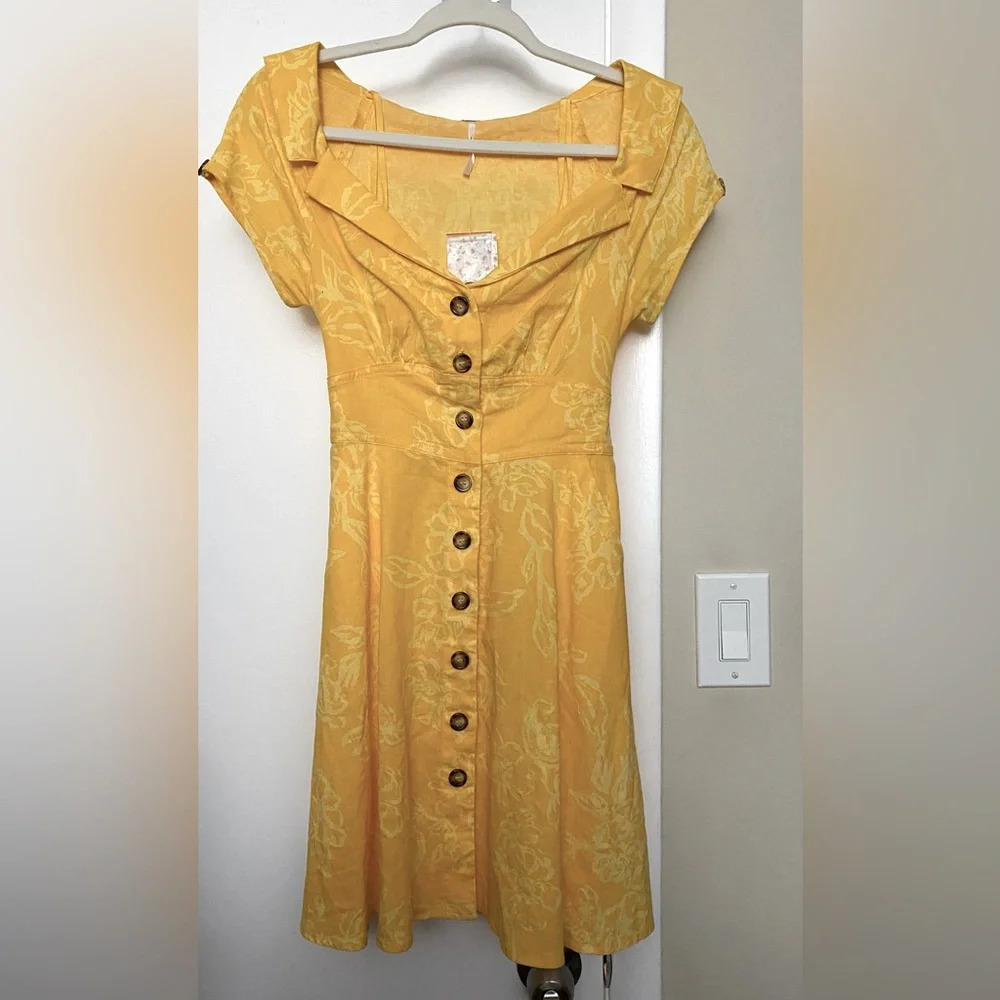 NWT Free People Womens A Thing Called Love Boho Linen Blend Mini Yellow Dress 0 - Picture 3 of 10